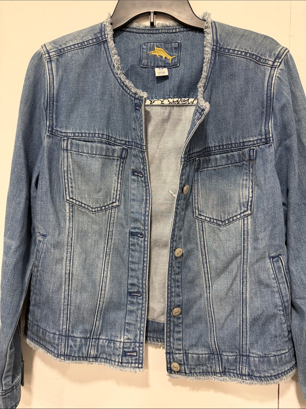 Tommy Bahama Frayed Collarless Denim Jean Jacket, SMALL - Picture 3 of 8